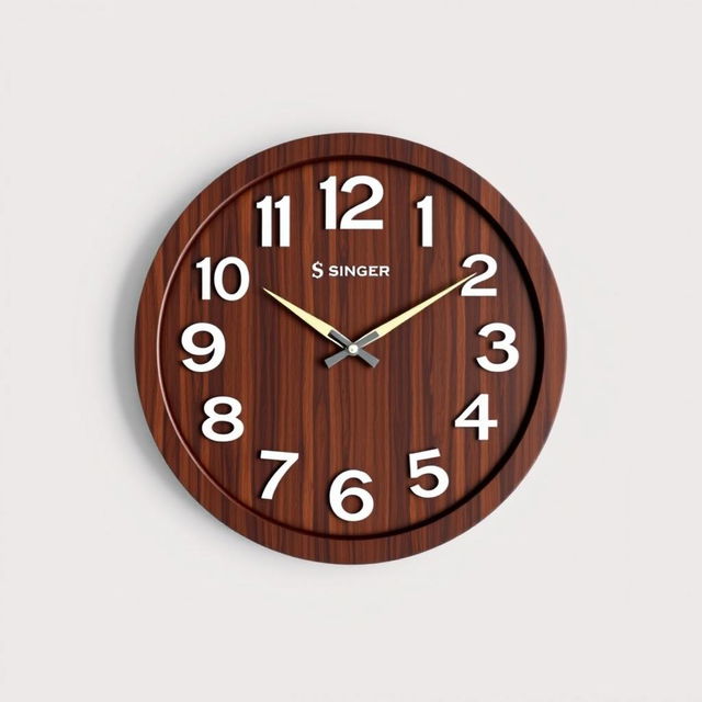 A stylish wooden wall clock design for men, featuring the brand name 'Singer Bhavi' along with the iconic Singer logo