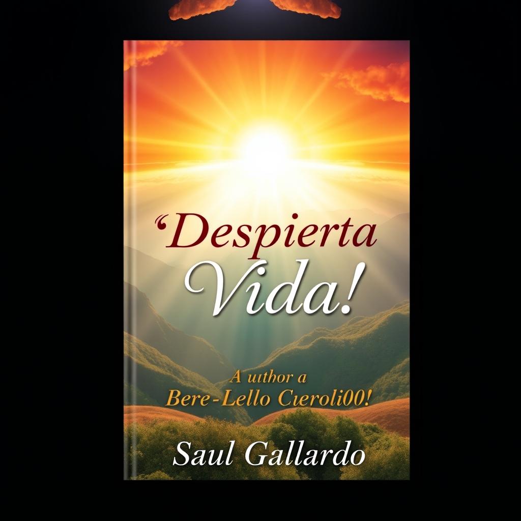 A book cover design featuring a radiant sunrise with warm colors illuminating a breathtaking landscape that symbolizes light and vitality