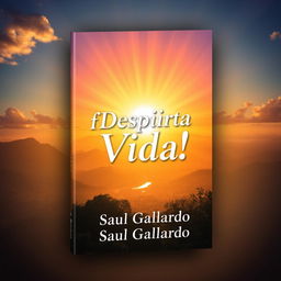 A book cover design featuring a radiant sunrise with warm colors illuminating a breathtaking landscape that symbolizes light and vitality