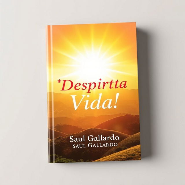 A book cover design featuring a radiant sunrise with warm colors that illuminate a beautiful landscape representing light and vitality