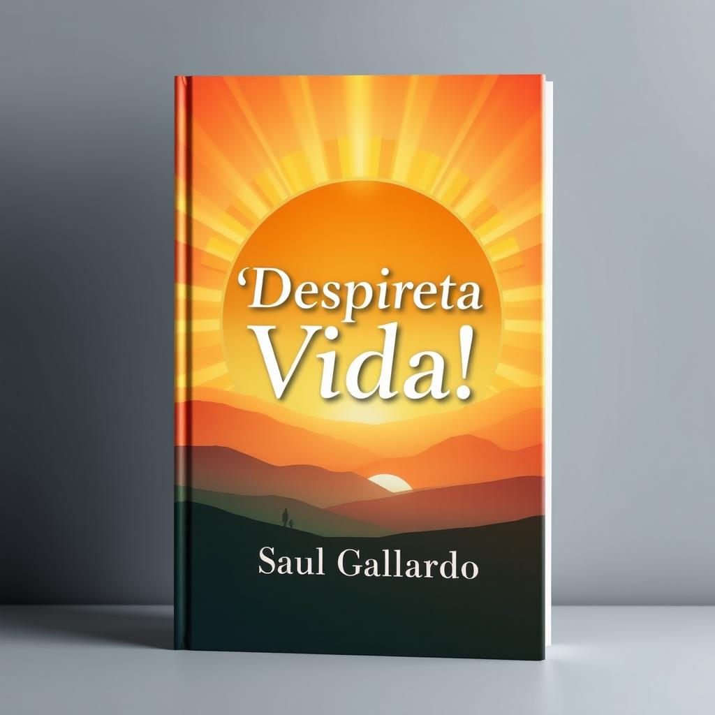 A book cover design featuring a radiant sunrise with warm colors that illuminate a beautiful landscape representing light and vitality