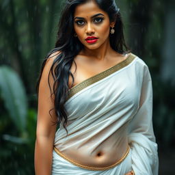 A stunning Indian model in a traditional Kerala style white saree, very low hip, soaking wet from the rain