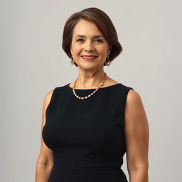 A mature woman, around 50 years old, standing alone and looking directly at the viewer