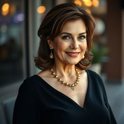 A stunning full-body portrait of a mature woman, around 50 years old, with casual hair styled elegantly