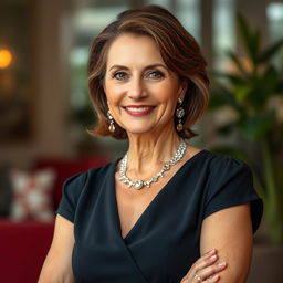 A stunning full-body portrait of a mature woman, around 50 years old, with casual hair styled elegantly