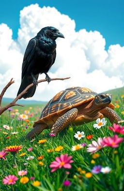 A captivating scene featuring a crow and a turtle, embodying the themes of determination and perseverance as symbolized by their interaction