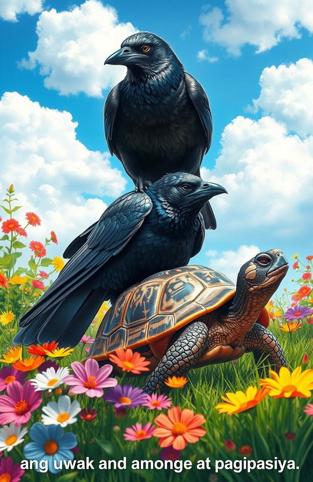 A captivating scene featuring a crow and a turtle, embodying the themes of determination and perseverance as symbolized by their interaction