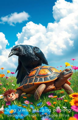 A captivating scene featuring a crow and a turtle, embodying the themes of determination and perseverance as symbolized by their interaction