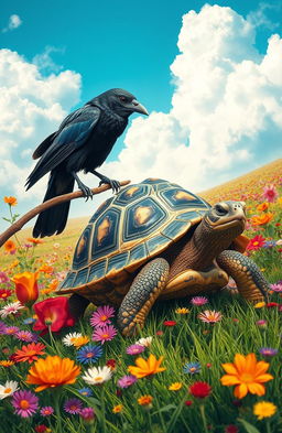 A captivating scene featuring a crow and a turtle, embodying the themes of determination and perseverance as symbolized by their interaction