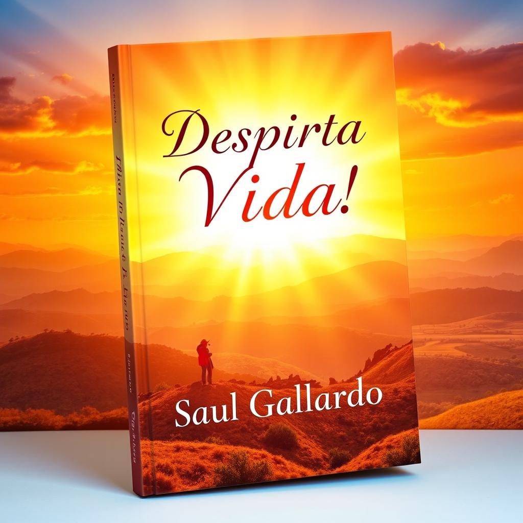 A striking book cover design showcasing a radiant sunrise with warm colors such as oranges, yellows, and soft pinks, illuminating a picturesque landscape that symbolizes light and renewal