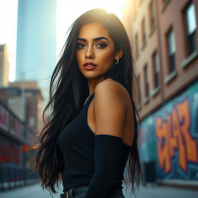 A captivating portrait of a confident woman standing in an urban environment