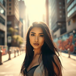 A captivating portrait of a confident woman standing in an urban environment