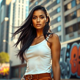 A captivating portrait of a confident woman standing in an urban environment