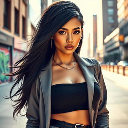 A captivating portrait of a confident woman standing in an urban environment