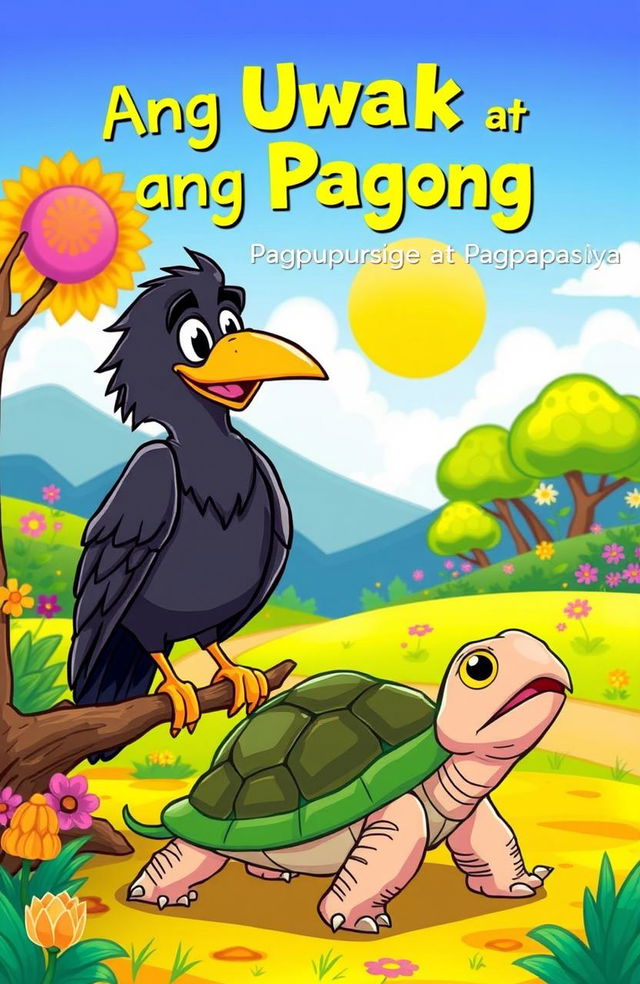 A vibrant cartoon scene depicting a crow and a turtle, symbolizing perseverance and determination