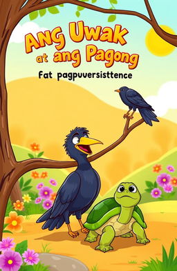 A vibrant cartoon scene depicting a crow and a turtle, symbolizing perseverance and determination