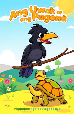 A vibrant cartoon scene depicting a crow and a turtle, symbolizing perseverance and determination