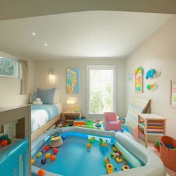 A spacious, well-lit bedroom featuring an enticing kids' play area equipped with a small swimming pool intended for two children, filled with safe, colorful water toys.