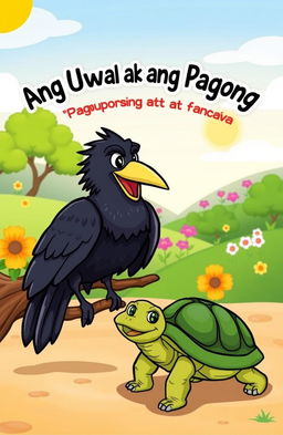 A vibrant cartoon scene depicting a crow and a turtle, symbolizing perseverance and determination