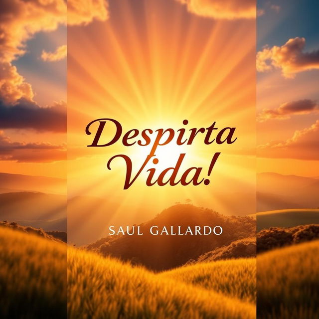 An enchanting book cover design showcasing a radiant sunrise with warm colors like fiery oranges and soft yellows, illuminating a beautiful landscape that symbolizes light and renewal