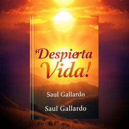An enchanting book cover design showcasing a radiant sunrise with warm colors like fiery oranges and soft yellows, illuminating a beautiful landscape that symbolizes light and renewal
