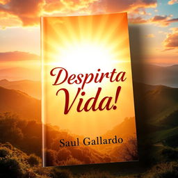 An enchanting book cover design showcasing a radiant sunrise with warm colors like fiery oranges and soft yellows, illuminating a beautiful landscape that symbolizes light and renewal