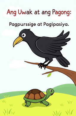A simple cartoon illustration depicting a crow and a turtle, symbolizing perseverance and determination