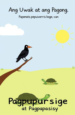 A simple cartoon illustration depicting a crow and a turtle, symbolizing perseverance and determination