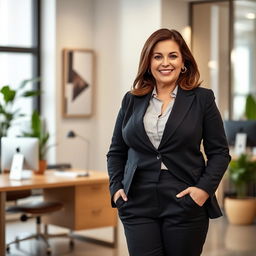 A confident 50-year-old brunette woman wearing stylish office attire, showcasing a chubby figure