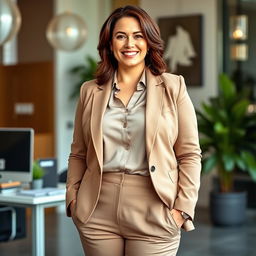 A confident 50-year-old brunette woman wearing stylish office attire, showcasing a chubby figure