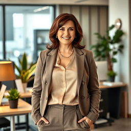 A confident 50-year-old brunette woman wearing stylish office attire, showcasing a chubby figure
