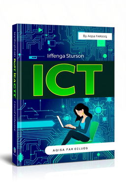 A vibrant and modern book cover design for an ICT (Information and Communications Technology) textbook written by Aqsa Farooq