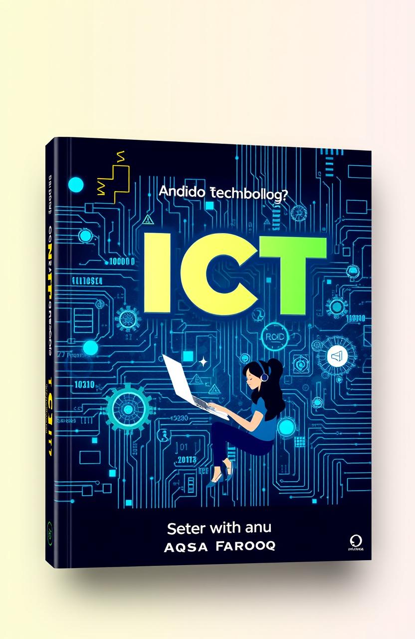 A vibrant and modern book cover design for an ICT (Information and Communications Technology) textbook written by Aqsa Farooq