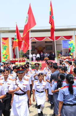 A grand celebration of NCC Day, featuring enthusiastic cadets in their uniforms marching proudly, vibrant flags waving in the breeze, colorful banners, and a large crowd cheering