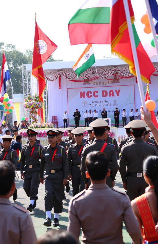 A grand celebration of NCC Day, featuring enthusiastic cadets in their uniforms marching proudly, vibrant flags waving in the breeze, colorful banners, and a large crowd cheering