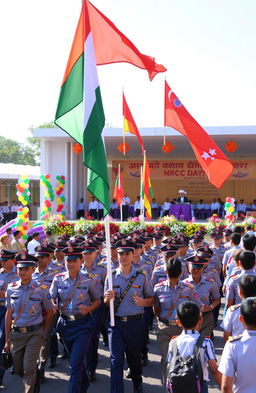 A grand celebration of NCC Day, featuring enthusiastic cadets in their uniforms marching proudly, vibrant flags waving in the breeze, colorful banners, and a large crowd cheering