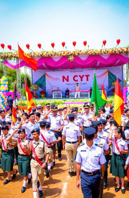 A grand celebration of NCC Day, featuring enthusiastic cadets in their uniforms marching proudly, vibrant flags waving in the breeze, colorful banners, and a large crowd cheering
