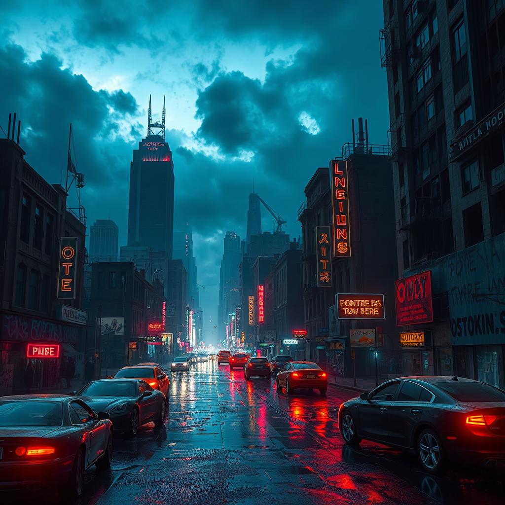 A dark and dystopian futuristic cityscape filled with broken neon lights and flickering signs