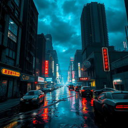 A dark and dystopian futuristic cityscape filled with broken neon lights and flickering signs