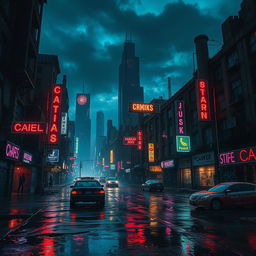 A dark and dystopian futuristic cityscape filled with broken neon lights and flickering signs
