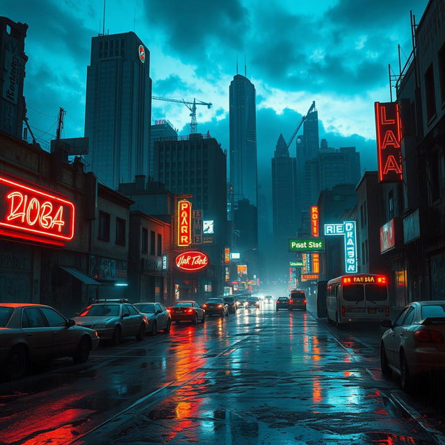 A dark and dystopian futuristic cityscape filled with broken neon lights and flickering signs