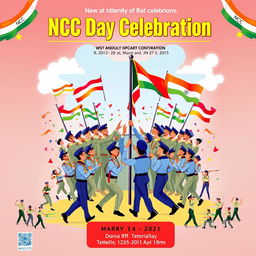 A vibrant poster for NCC Day Celebration, featuring a dynamic design that showcases enthusiastic cadets in their uniforms, engaged in activities like marching, flag hoisting, and performing drills