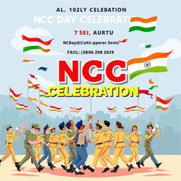 A vibrant poster for NCC Day Celebration, featuring a dynamic design that showcases enthusiastic cadets in their uniforms, engaged in activities like marching, flag hoisting, and performing drills