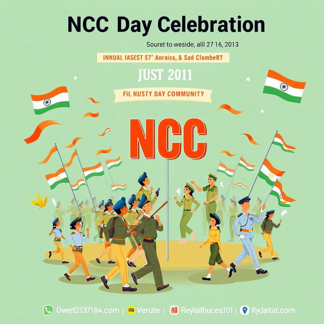 A vibrant poster for NCC Day Celebration, featuring a dynamic design that showcases enthusiastic cadets in their uniforms, engaged in activities like marching, flag hoisting, and performing drills