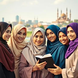 A beautiful portrait of a diverse group of Muslim women wearing traditional and modern hijabs, showcasing their unique styles and colors