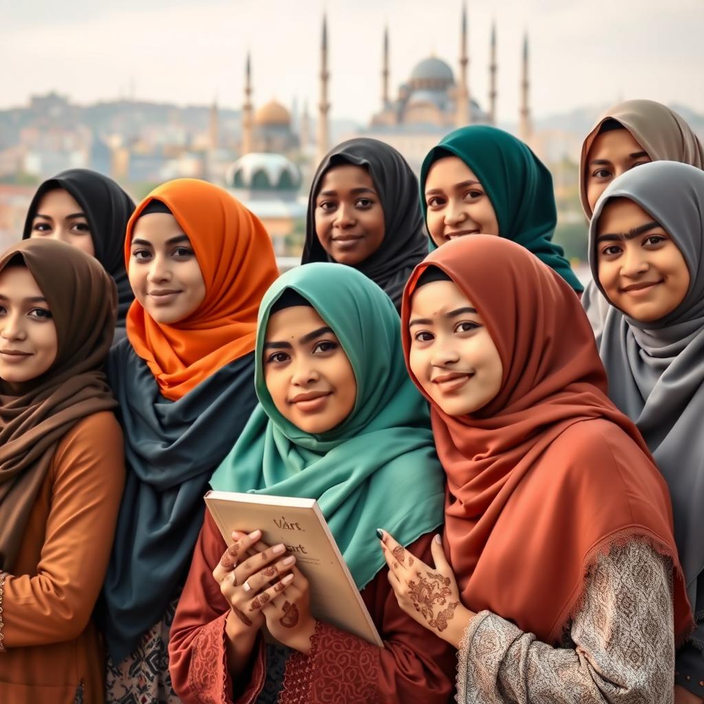 A beautiful portrait of a diverse group of Muslim women wearing traditional and modern hijabs, showcasing their unique styles and colors