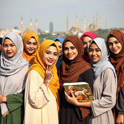 A beautiful portrait of a diverse group of Muslim women wearing traditional and modern hijabs, showcasing their unique styles and colors