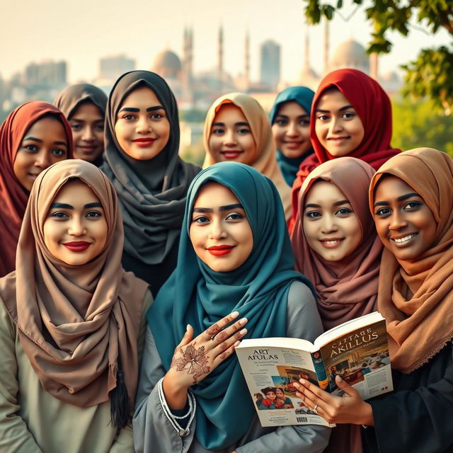 A beautiful portrait of a diverse group of Muslim women wearing traditional and modern hijabs, showcasing their unique styles and colors