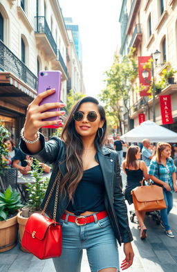 An energetic and vibrant lifestyle of a social media influencer in a stylish urban setting