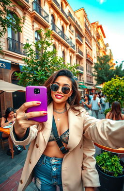 An energetic and vibrant lifestyle of a social media influencer in a stylish urban setting